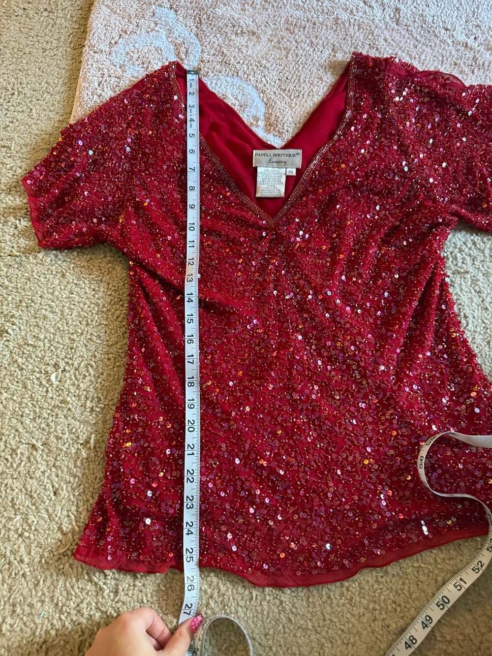 Papell Boutique Evening Red 100% Silk Sequin Beaded Blouse Top XL - Picture 6 of 13
